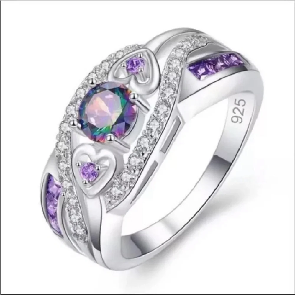 925 Sterling Silver Rainbow Topaz Solitaire with Purple Amethyst Inlay Ring - Picture 1 of 5
